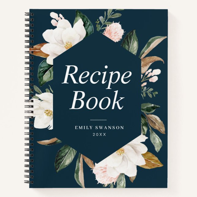 white magnolia floral navy Recipe Book (Front)