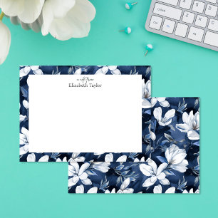 White Magnolia Floral Pattern, dark blue Card