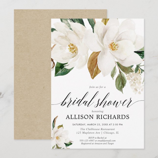 White magnolia floral rustic bridal shower invitation (Front/Back)