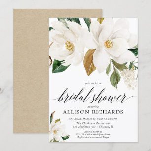 White magnolia floral rustic bridal shower invitation
