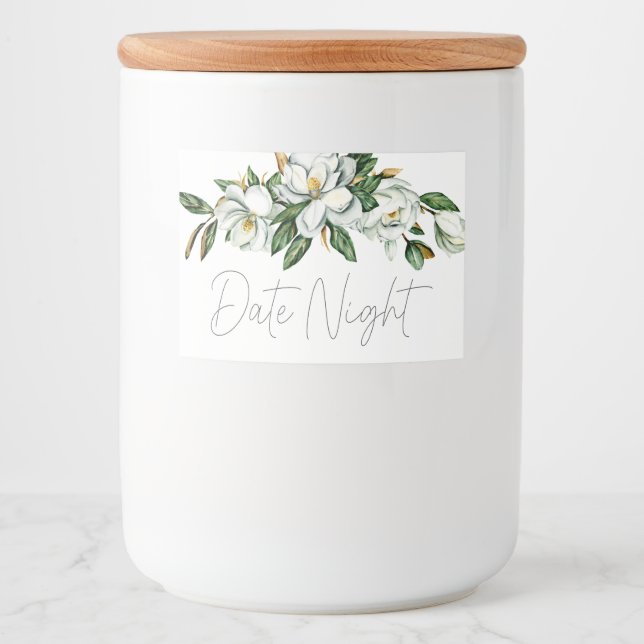White Magnolia Floral Rustic Date Night Jar Food Label (Front)