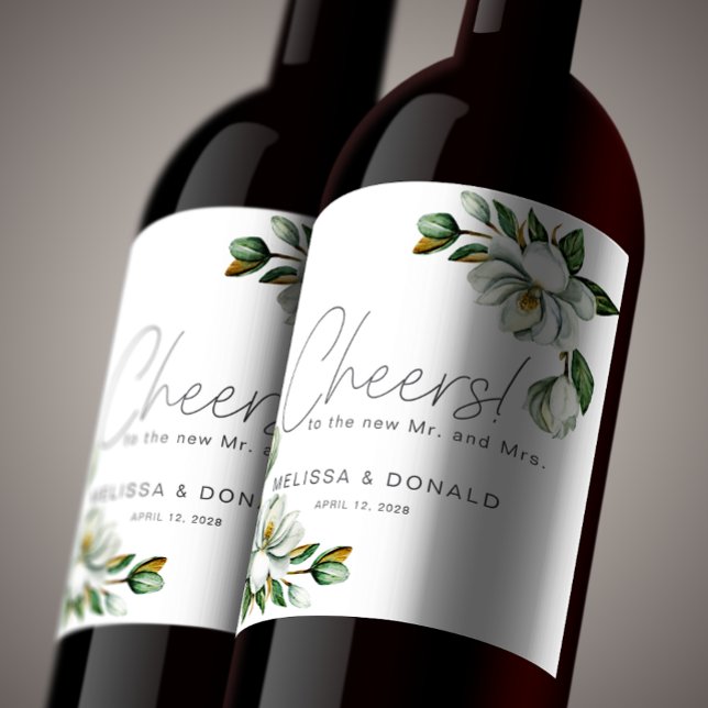 White Magnolia Floral Rustic Wedding Wine Label (Creator Uploaded)