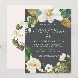 White Magnolia Floral Watercolor Foliage Grey Invitation