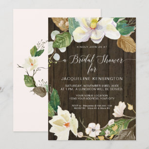 White Magnolia Floral Watercolor Rustic Wood Invitation