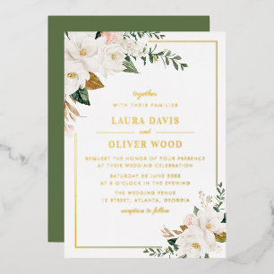 White magnolia floral wedding invitation gold