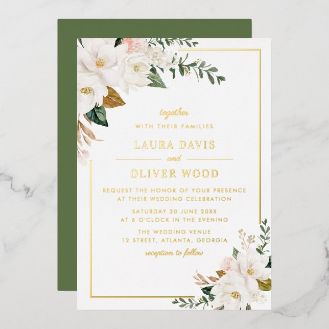 White magnolia floral wedding invitation gold (Front/Back)