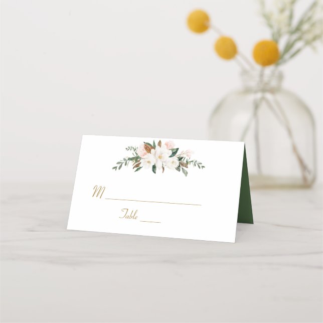 White magnolia floral wedding place card (Front)