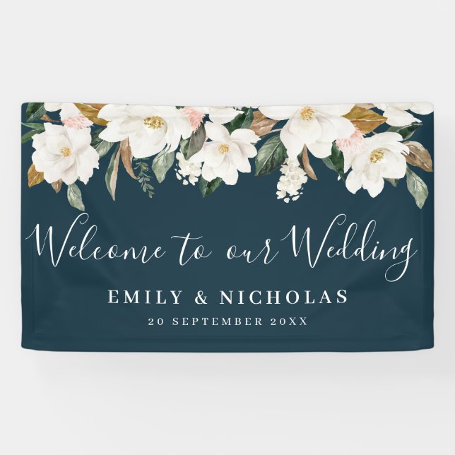 white magnolia floral wedding welcome banner (Horizontal)