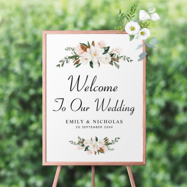 white magnolia floral welcome wedding sign (Creator Uploaded)