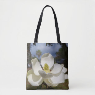 White Magnolia flower and bee on a tote bag