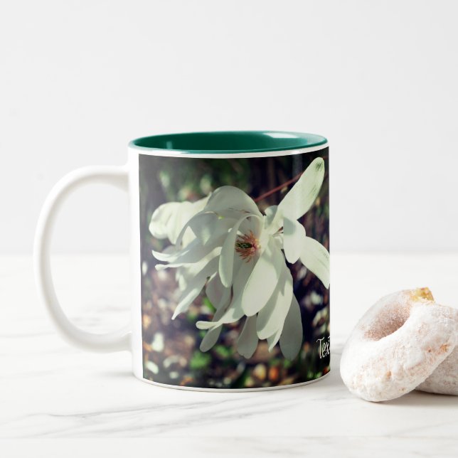 White Magnolia Flower Personalised Two-Tone Coffee Mug (With Donut)