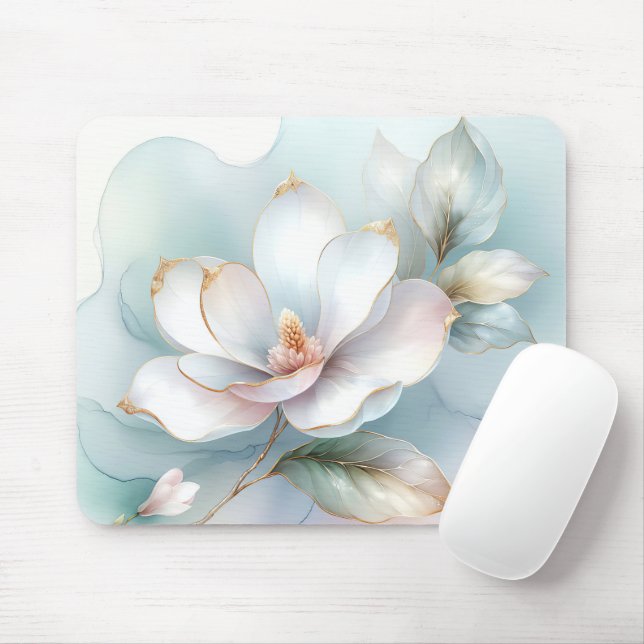 White Magnolia Flower With Gilded Edge Mouse Mat (With Mouse)