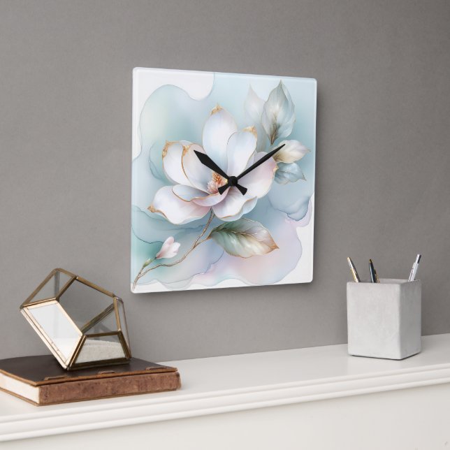 White Magnolia Flower With Gilded Edge Square Wall Clock (Office)