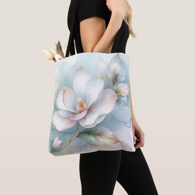 White Magnolia Flower With Gilded Edge Tote Bag (Close Up)