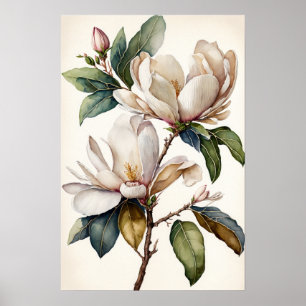 White Magnolia Flowers Art Print Poster