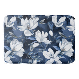 White Magnolia Flowers, Blue Background Bath Mat