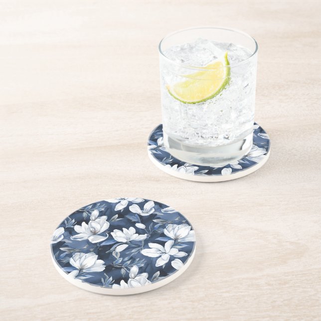 White Magnolia Flowers, Blue Background Coaster (Side)