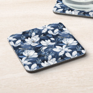 White Magnolia Flowers, Blue Background Coaster