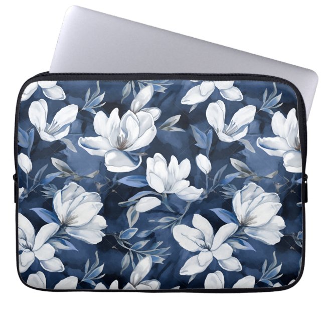 White Magnolia Flowers, Blue Background Laptop Sleeve (Front)