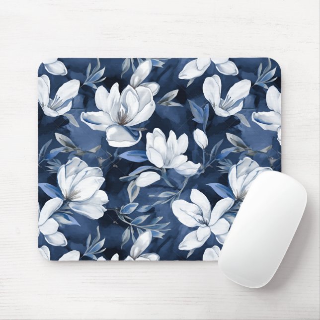 White Magnolia Flowers, Blue Background Mouse Mat (With Mouse)
