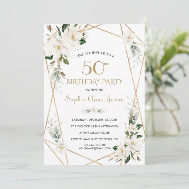 White Magnolia Flowers Gold 50th Birthday Invitation (Standing Front)