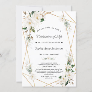 White Magnolia Flowers Gold Celebration Of Life Invitation
