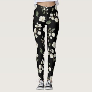 White Magnolia Flowers on Black Leggings