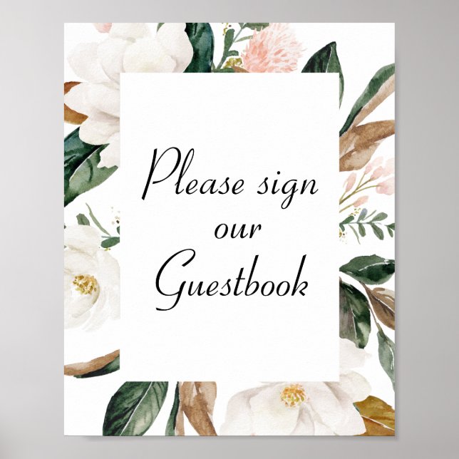 white magnolia flpwers wedding guestbook sign (Front)