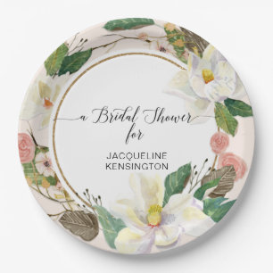 White Magnolia Gold Blush Floral Watercolor Leaves Paper Plate