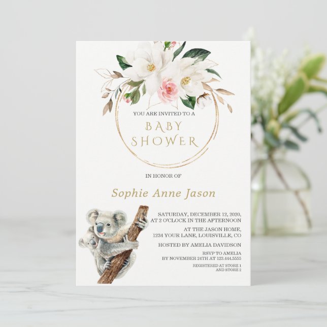 White Magnolia Gold Cute Koala Baby Shower Invitation (Standing Front)