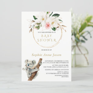 White Magnolia Gold Cute Koala Baby Shower Invitation