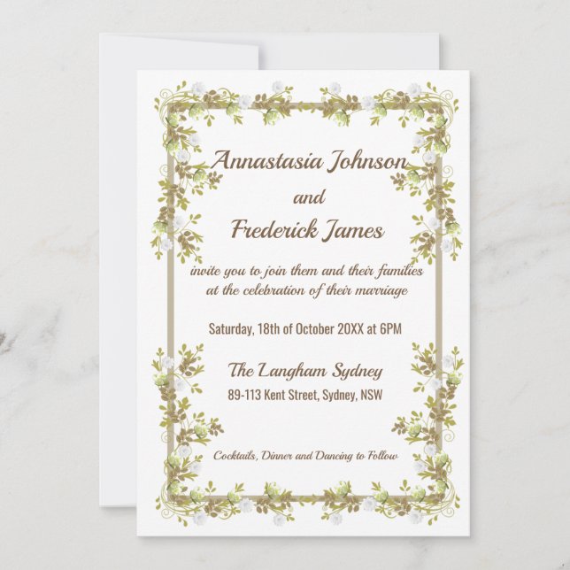 White Magnolia Golden leaves Wedding Invitation (Front)