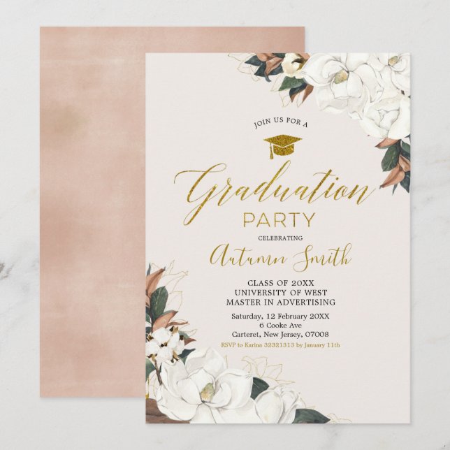 White Magnolia Graduation Party Invitation (Front/Back)