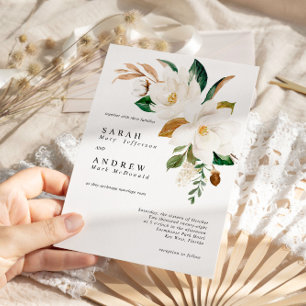 White Magnolia & Green Leaves Modern Wedding Invitation