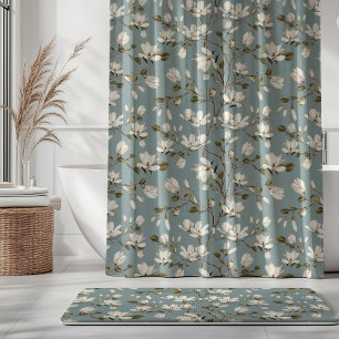 White Magnolia Grove on Duck Blue Elegant Floral Shower Curtain