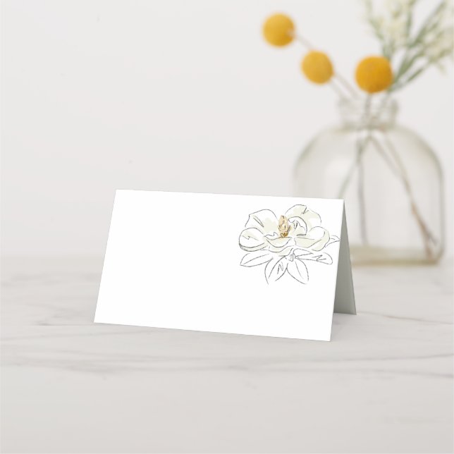 White Magnolia Illustration Minimal Wedding Blank Place Card (Front)