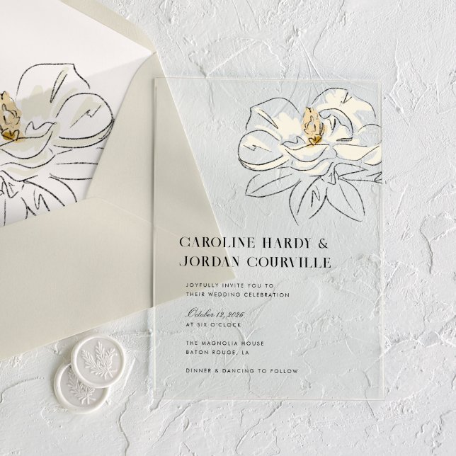 White Magnolia Illustration Modern Minimal Wedding Acrylic Invitations (White Magnolia Illustration Modern Minimal Wedding Acrylic Invitations)