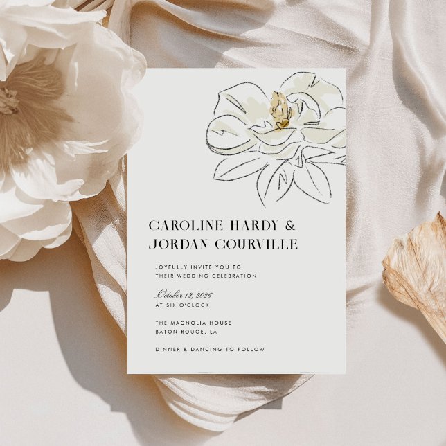 White Magnolia Illustration Modern Minimal Wedding Invitation (Elegant Southern-inspired white magnolia illustration wedding invitations.)