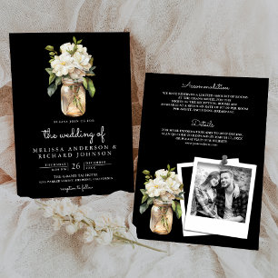 White Magnolia Mason Jar Black All in One Wedding Invitation