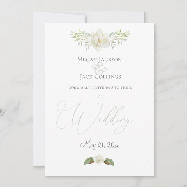 White Magnolia Minimal Traditional Floral Wedding Announcement (Front)