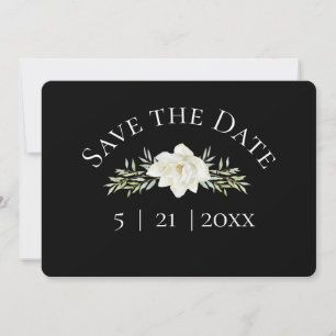White Magnolia on Black Save the Date w Photo