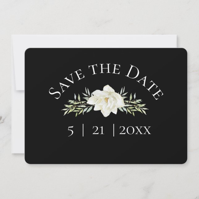 White Magnolia on Black Save the Date Wedding (Front)