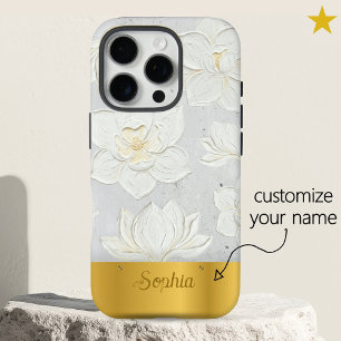 White Magnolia Painting Yellow Gold Custom Name iPhone 16 Pro Case