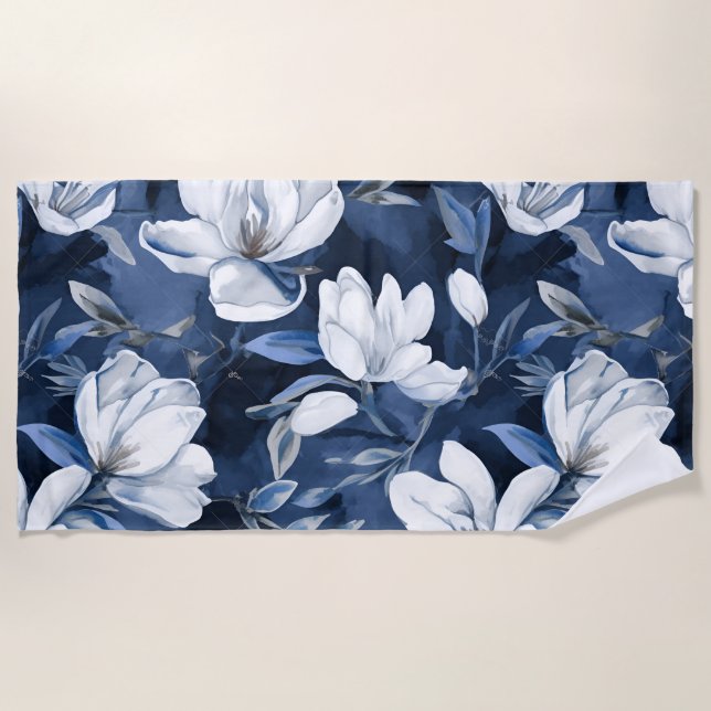 White Magnolia Pattern on midnight background, Beach Towel (Front)