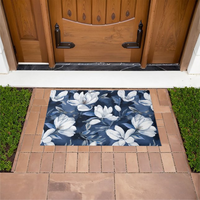 White Magnolia Pattern on midnight background, Doormat (Outdoor)