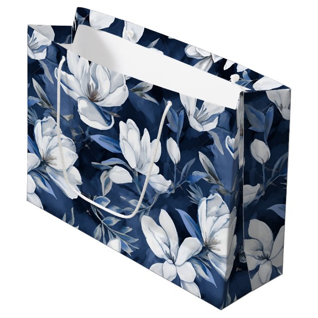 White Magnolia Pattern on midnight background, Large Gift Bag (Front Angled)