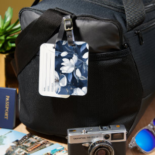 White Magnolia Pattern on midnight background, Luggage Tag