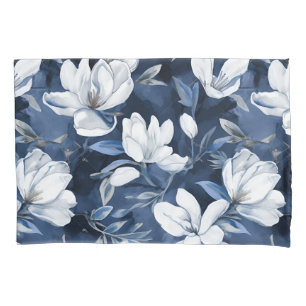 White Magnolia Pattern on midnight background, Pillowcase