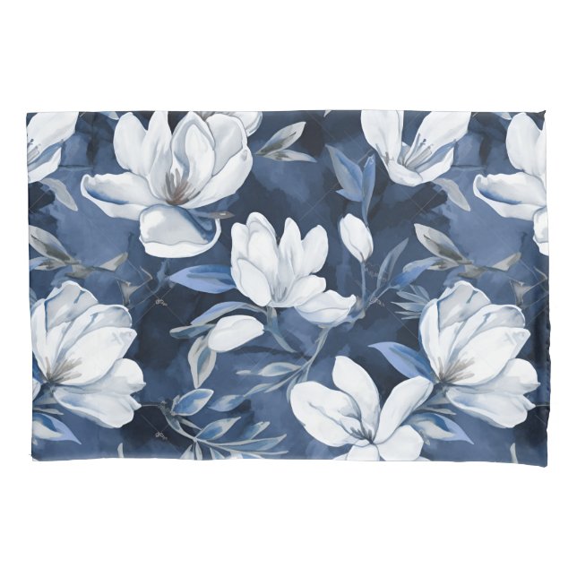 White Magnolia Pattern on midnight background, Pillowcase (Front)