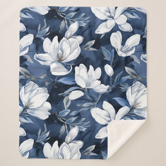 White Magnolia Pattern on midnight background, Sherpa Blanket (Front)